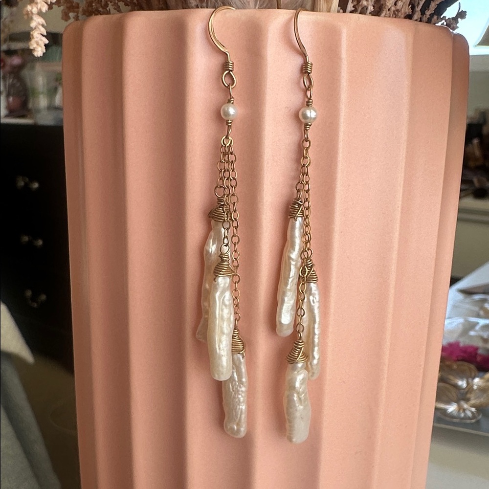 Baroque Freshwater Pearl Cascade Drop Earrings | Gold Tone | Boho Bridal - Picture 4 of 14